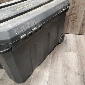 Rolling Plastic Tack Trunk - Box, Pull out Handle, Wheels *No Tray or Keys, dirt, scrapes, tape, tight latches, cracked lid