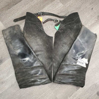 Full Suede Chaps *gc/fair, faded, v.rubbed, stains, older, dirty, stiff, marks, unstitched strap
