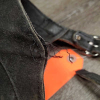 Full Suede Chaps *gc/fair, faded, v.rubbed, stains, older, dirty, stiff, marks, unstitched strap
