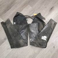 Full Suede Chaps *gc/fair, faded, v.rubbed, stains, older, dirty, stiff, marks, unstitched strap