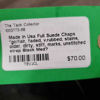 Full Suede Chaps *gc/fair, faded, v.rubbed, stains, older, dirty, stiff, marks, unstitched strap
