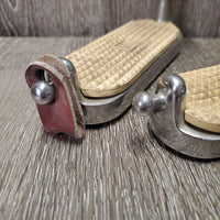 Hvy Peacock Safety Stirrups, grips *NO elastics, 1 leather keeper, v.dirty, stains, older, scratches
