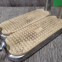 Hvy Peacock Safety Stirrups, grips *NO elastics, 1 leather keeper, v.dirty, stains, older, scratches
