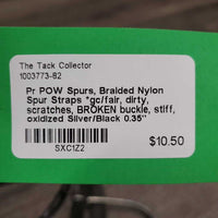 Pr POW Spurs, Braided Nylon Spur Straps *gc/fair, dirty, scratches, BROKEN buckle, stiff, oxidized
