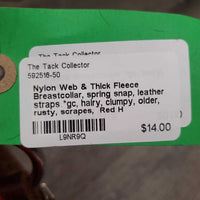 Nylon Web & Thick Fleece Breastcollar, spring snap, leather straps *gc, hairy, clumpy, older, rusty, scrapes
