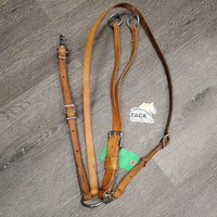 Thick Western Running Martingale, snap *fair, older, v.dry, v.stiff, cracking, xholes, stains, mnr undone stitching, too small snap
