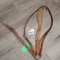 Thick Western Running Martingale, snap *fair, older, v.dry, v.stiff, cracking, xholes, stains, mnr undone stitching, too small snap
