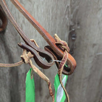 Thick Leather Headstall, Pr Split Reins, leather laces *gc, clean, film?mold, chewed laces, mnr scraped edges, chewed & stiff end
