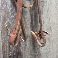 Thick Leather Headstall, Pr Split Reins, leather laces *gc, clean, film?mold, chewed laces, mnr scraped edges, chewed & stiff end
