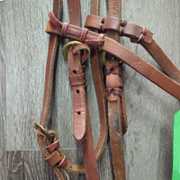 Thick Leather Headstall, Pr Split Reins, leather laces *gc, clean, film?mold, chewed laces, mnr scraped edges, chewed & stiff end
