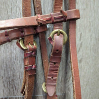 Thick Leather Headstall, Pr Split Reins, leather laces *gc, clean, film?mold, chewed laces, mnr scraped edges, chewed & stiff end
