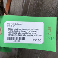 Thick Leather Headstall, Pr Split Reins, leather laces *gc, clean, film?mold, chewed laces, mnr scraped edges, chewed & stiff end
