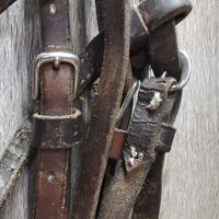 Leather Headstall *gc/fair, cracks, dry, stiff, dirt, residue, scraped & chewed? edges, older, xholes
