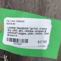 Leather Headstall *gc/fair, cracks, dry, stiff, dirt, residue, scraped & chewed? edges, older, xholes
