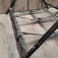 Narrow Metal Folding Saddle Rack, nylon web bottom *gc, dusty, scratches, rust, tape, scrapes