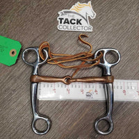 Thin Tom Thumb Bit, leather lace chin - curb strap *vgc, loose sides, clean, oxidized spots, stains
