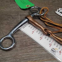 Thin Tom Thumb Bit, leather lace chin - curb strap *vgc, loose sides, clean, oxidized spots, stains
