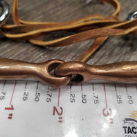 Thin Tom Thumb Bit, leather lace chin - curb strap *vgc, loose sides, clean, oxidized spots, stains
