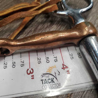 Thin Tom Thumb Bit, leather lace chin - curb strap *vgc, loose sides, clean, oxidized spots, stains
