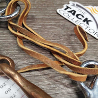 Thin Tom Thumb Bit, leather lace chin - curb strap *vgc, loose sides, clean, oxidized spots, stains
