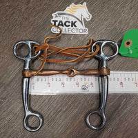 Thin Tom Thumb Bit, leather lace chin - curb strap *vgc, loose sides, clean, oxidized spots, stains
