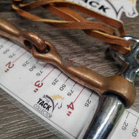 Thin Tom Thumb Bit, leather lace chin - curb strap *vgc, loose sides, clean, oxidized spots, stains
