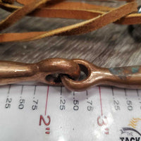 Thin Tom Thumb Bit, leather lace chin - curb strap *vgc, loose sides, clean, oxidized spots, stains
