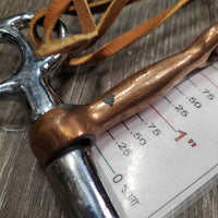 Thin Tom Thumb Bit, leather lace chin - curb strap *vgc, loose sides, clean, oxidized spots, stains
