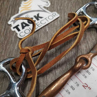 Thin Tom Thumb Bit, leather lace chin - curb strap *vgc, loose sides, clean, oxidized spots, stains
