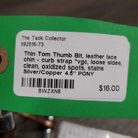Thin Tom Thumb Bit, leather lace chin - curb strap *vgc, loose sides, clean, oxidized spots, stains
