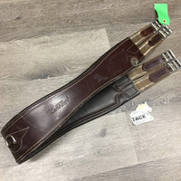 Padded Leather Girth, 2x els, 3x D Rings *gc/fair, clean, hairy & dirty seams, mnr stain oxidized D's, v.unstitched
