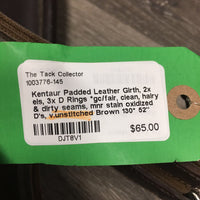 Padded Leather Girth, 2x els, 3x D Rings *gc/fair, clean, hairy & dirty seams, mnr stain oxidized D's, v.unstitched