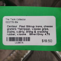 Flexi Stirrup Irons, cheese graters *fair/poor, v.loose grips, stains, v.dirty, lifting & cracking rubber, v.loose
