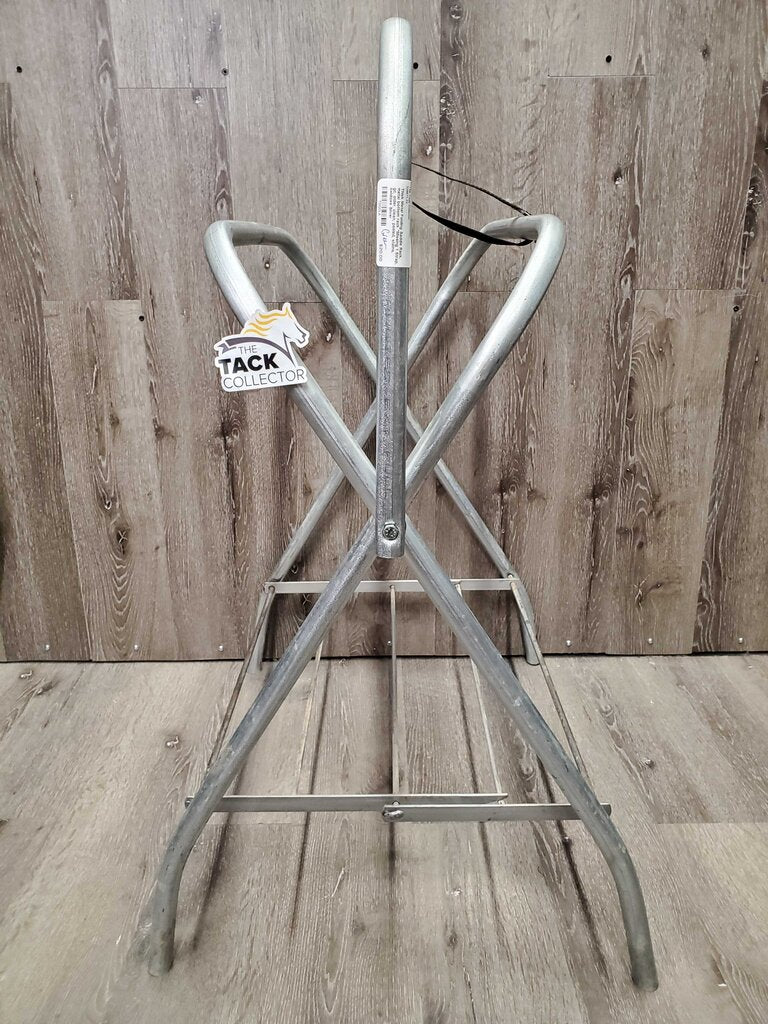 Thick Metal Folding Saddle Rack, metal bottom rack *Missing 1 Strap, gc, older, clean, peeled, stains, oxidizes