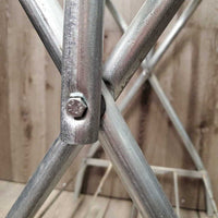 Thick Metal Folding Saddle Rack, metal bottom rack *Missing 1 Strap, gc, older, clean, peeled, stains, oxidizes
