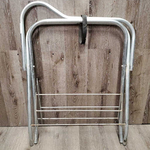 Thick Metal Folding Saddle Rack, metal bottom rack *Missing 1 Strap, gc, older, clean, peeled, stains, oxidizes