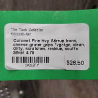 Fine Hvy Stirrup Irons, cheese grater grips *vgc/gc, clean, dirty, scratches, residue, scuffs
