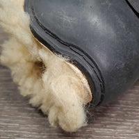 Open Front & Hind Boots, Sheepskin Lined, velcro *gc, hair, dirty, clumpy & flattened, stains, older, faded
