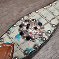 Narrow Leather Breastcollar, bling, alligator skin, snap *gc, v.dirty, rusty, m,nr stains
