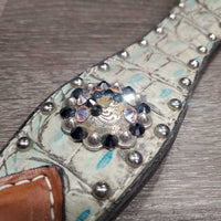 Narrow Leather Breastcollar, bling, alligator skin, snap *gc, v.dirty, rusty, m,nr stains
