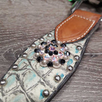 Narrow Leather Breastcollar, bling, alligator skin, snap *gc, v.dirty, rusty, m,nr stains
