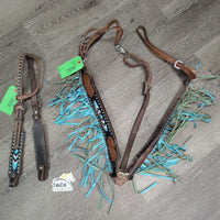 Buckstitch & Beaded One Ear Belt Headstall & Breastcollar, Fringe *gc, scrapes, rubs, dirty, stains, twisted, dry, rubs

