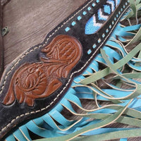 Buckstitch & Beaded One Ear Belt Headstall & Breastcollar, Fringe *gc, scrapes, rubs, dirty, stains, twisted, dry, rubs
