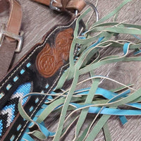 Buckstitch & Beaded One Ear Belt Headstall & Breastcollar, Fringe *gc, scrapes, rubs, dirty, stains, twisted, dry, rubs
