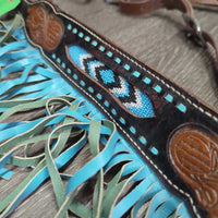 Buckstitch & Beaded One Ear Belt Headstall & Breastcollar, Fringe *gc, scrapes, rubs, dirty, stains, twisted, dry, rubs
