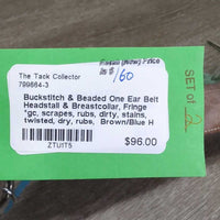 Buckstitch & Beaded One Ear Belt Headstall & Breastcollar, Fringe *gc, scrapes, rubs, dirty, stains, twisted, dry, rubs
