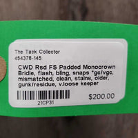 Rsd FS Padded Monocrown Bridle, flash, bling, snaps *gc/vgc, mismatched, clean, stains, older, gunk/residue, v.loose keeper
