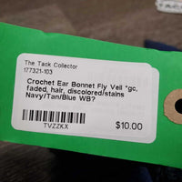 Crochet Ear Bonnet Fly Veil *gc, faded, hair, discolored/stains
