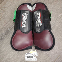 Pr Open Front Boots, velcro *gc/fair, clean, scrapes, faded, holey inside lining, hairy, residue
