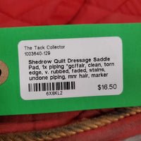Quilt Dressage Saddle Pad, 1x piping *gc/fair, clean, torn edge, v. rubbed, faded, stains, undone piping, mnr hair, marker
